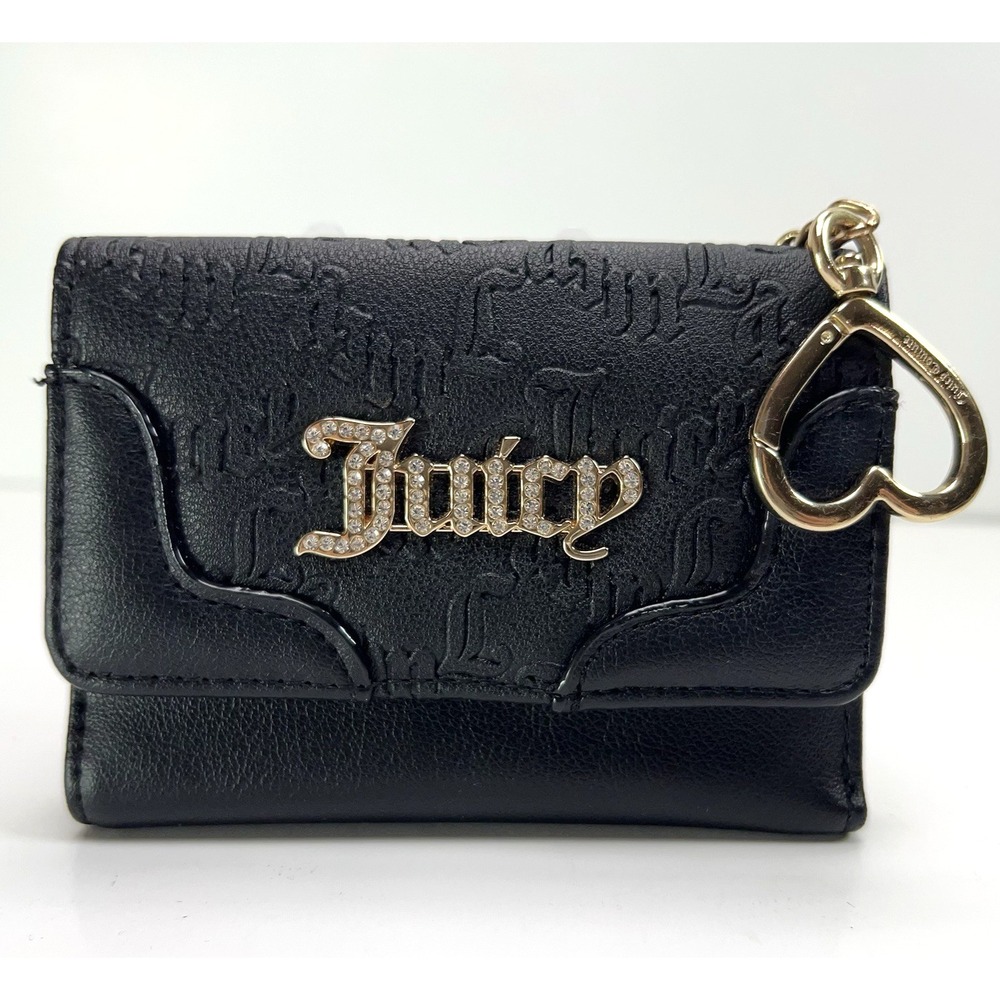 Juicy Couture Heartless Trifold Wallet Double Sided Gold Charm Liquorice Black
